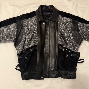 Louis Vuitton Black and Silver Leather & Monogram Panel Bomber Jacket